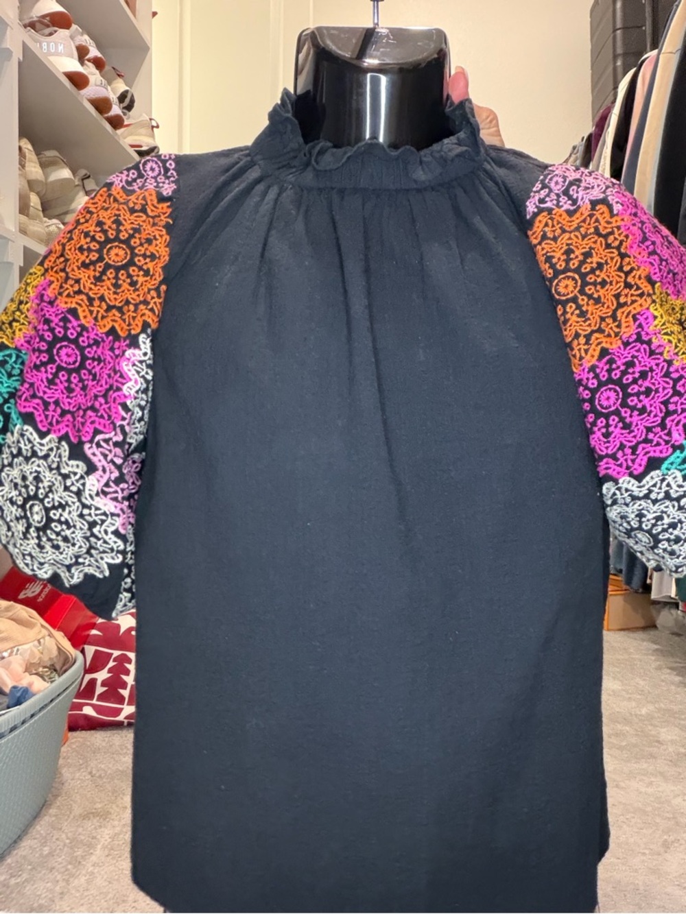 THML Black Tunic with Multicolor Embroidered Puff Sleeves